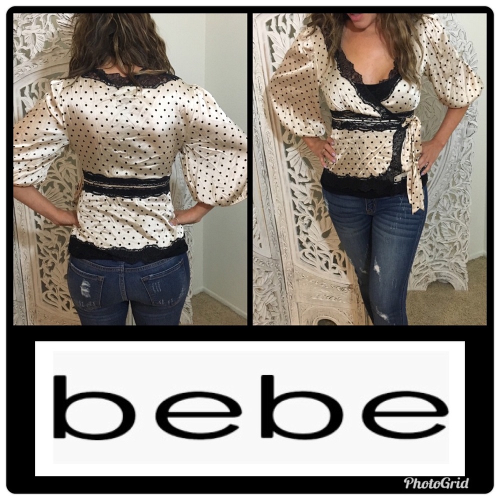 Bebe Silk & Lace polka dot wrap blouse